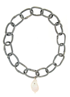Oxidised Silver Chain Pearl Necklace